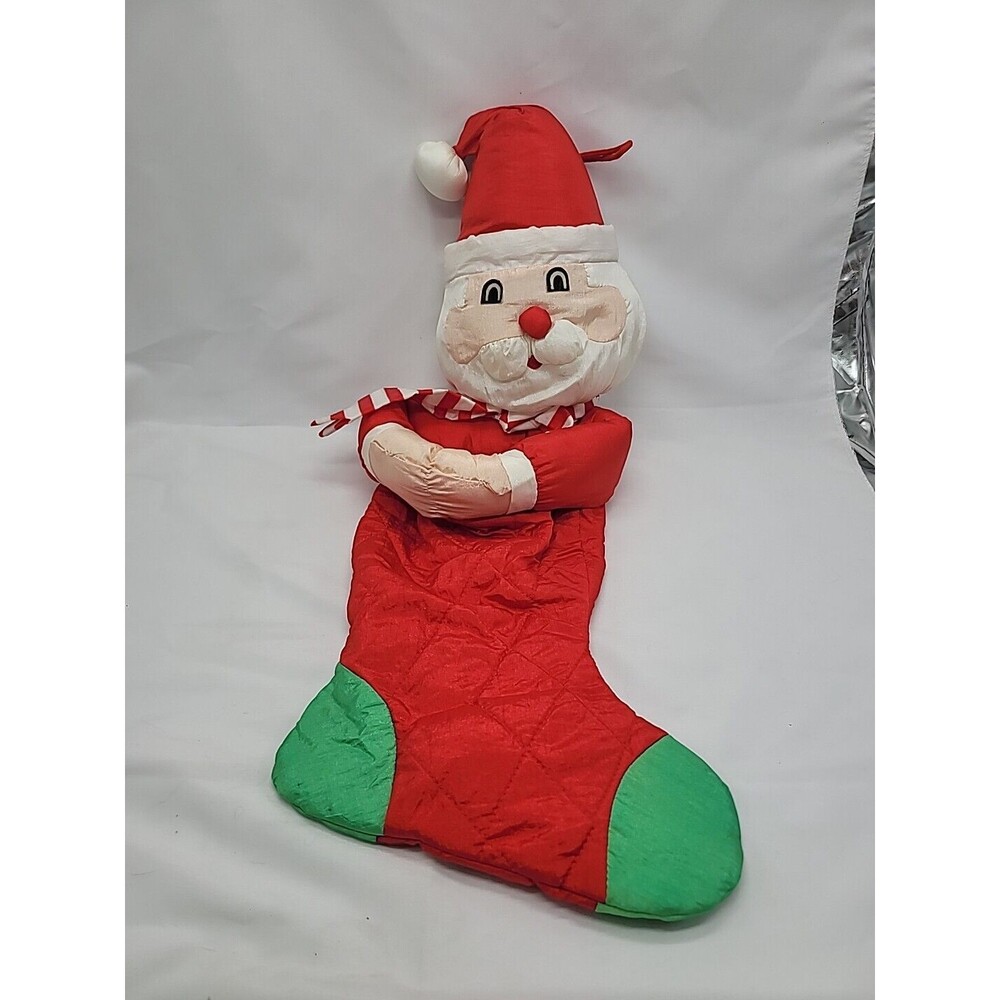International Silver Co Vintage Nylon Puff Santa Claus Christmas Stocking 20"